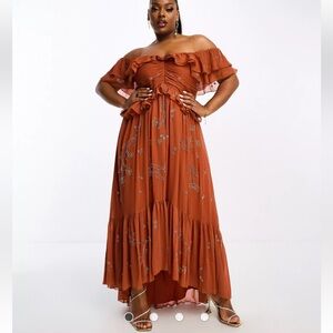 ASOS DESIGN Curve Embellished Ruffle Off Shoulder Midi Dress in Rust | Size 16